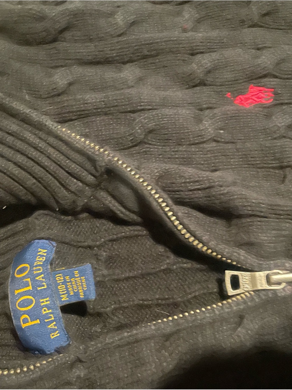 Polo by Ralph Lauren Black Cable-Knit Zip Sweater with Red Pony